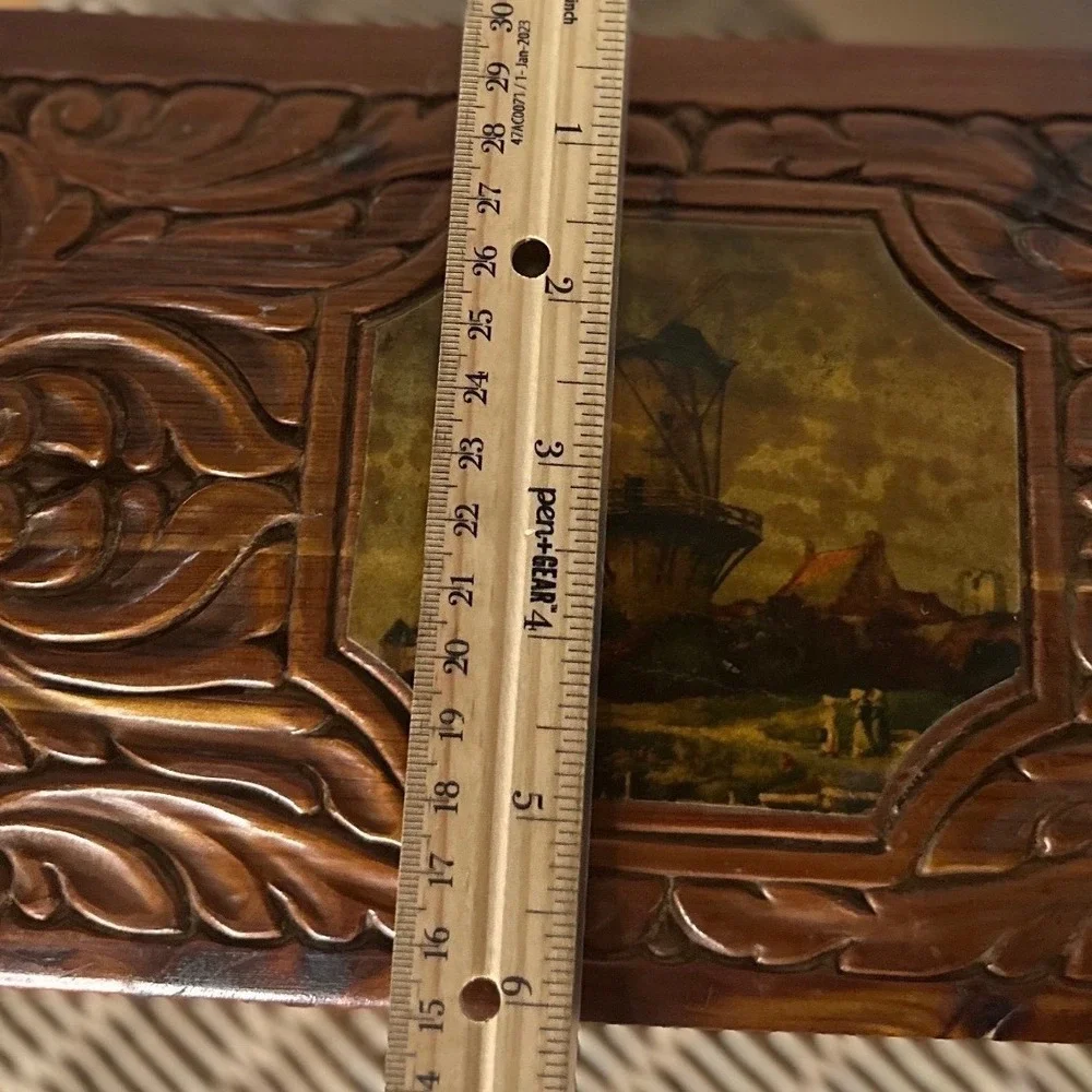 Vintage Hand Carved Cedar Wood Jewelry Box etched Mirror Windmill Footed 50s